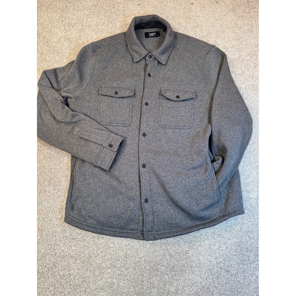 Rhone Mens Shirt Jacket Large Grey Fleece Lined Snap Front Pockets Knit Shacket